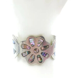 Vintage Mexican Abalone Inlay Coin Silver Cuff Bracelet With Flower Design